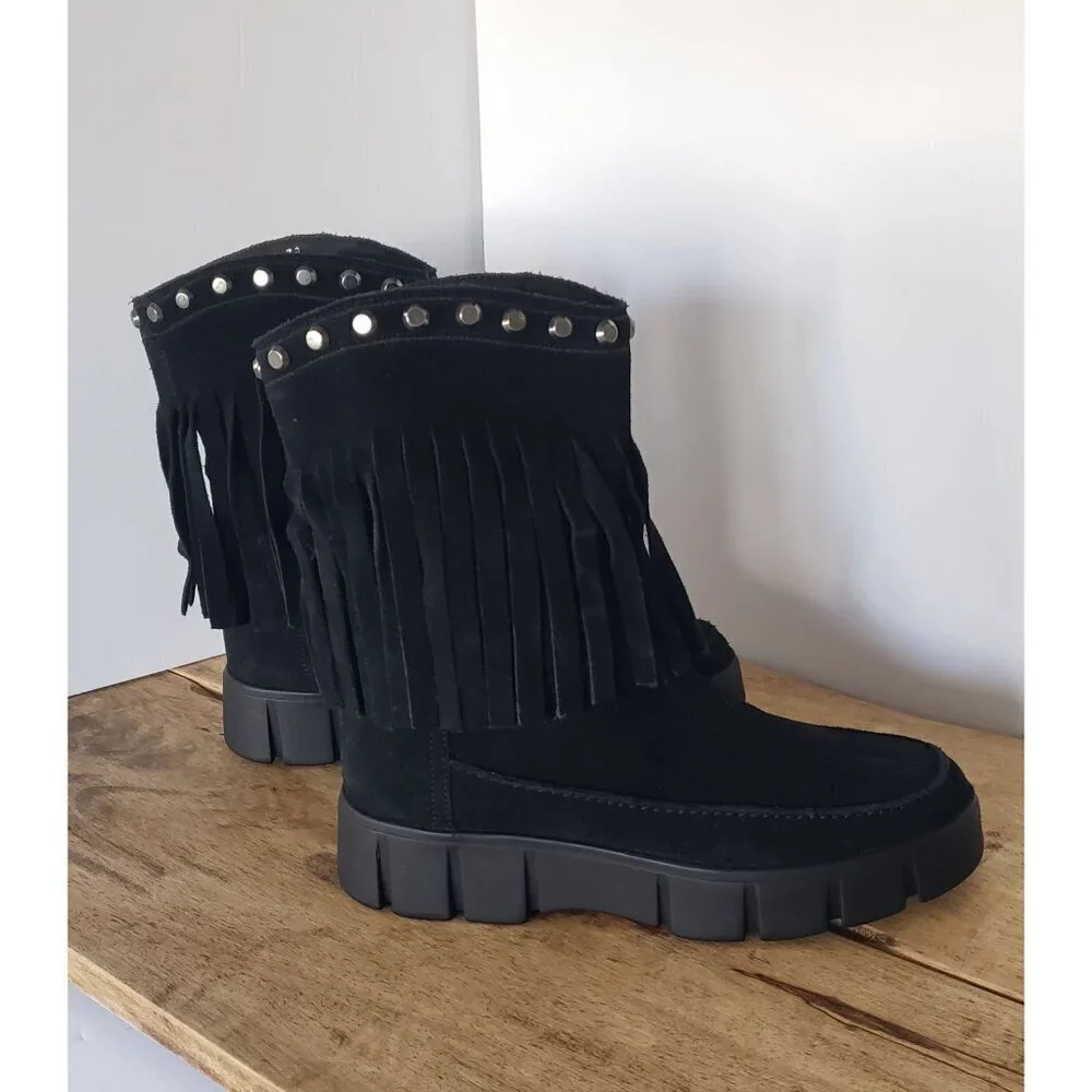 NWT Geox Ghoula Suede Fringe Studded Mid-Calf Chunky Lug Sole Winter Boots Sz 8